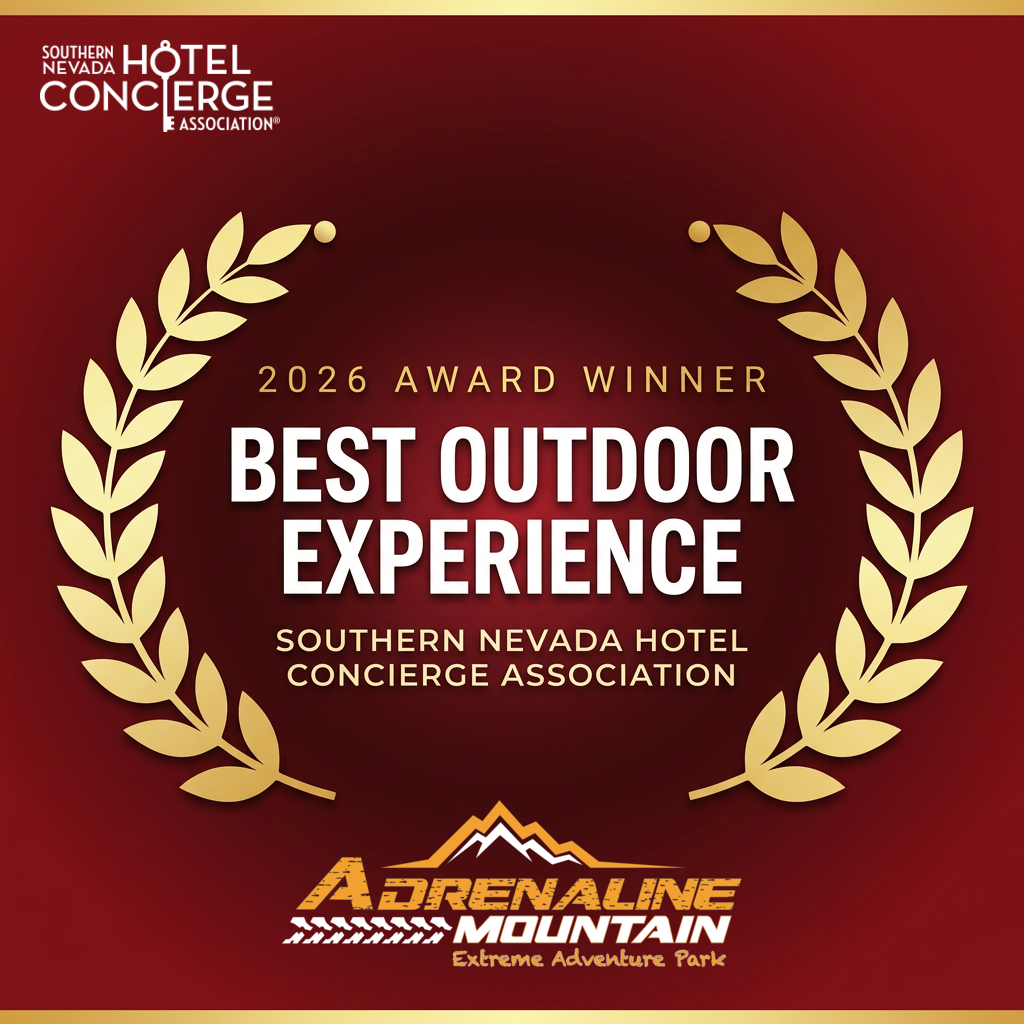 SNHCA 2026 Best Outdoor Experience thank-you graphic with real Southern Nevada Hotel Concierge Association logo and Adrenaline Mountain logo on deep red with gold laurels